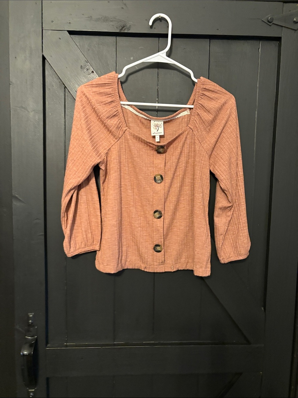 Self Esteem Rust Button-Front Square Neck Blouse